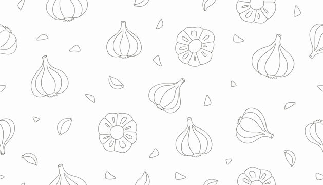 Seamless white background pattern covered with detailed hand-drawn garlic bulbs and garlic cloves.
