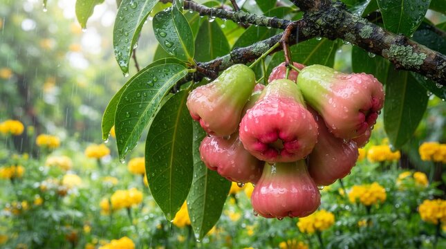 Lush Pink and Green Wax Apples with Glistening Raindrops on a Tropical Branch &ndash; Fresh Summer Fruit and Rainy Garden Scene