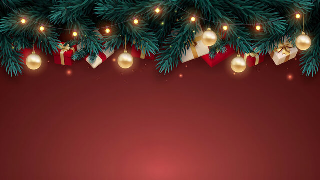 Christmas festive border with pine branches, golden ornaments and gifts on red background
