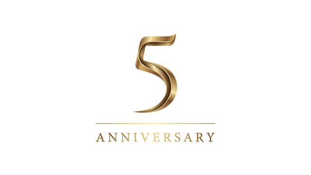 5th Anniversary Gold Number Logo Design, Five Year Celebration Emblem on White Background