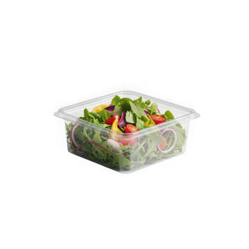 Fresh mixed salad in clear plastic takeout container. Healthy meal prep with greens, vegetables, and vibrant toppings for lunch or diet.