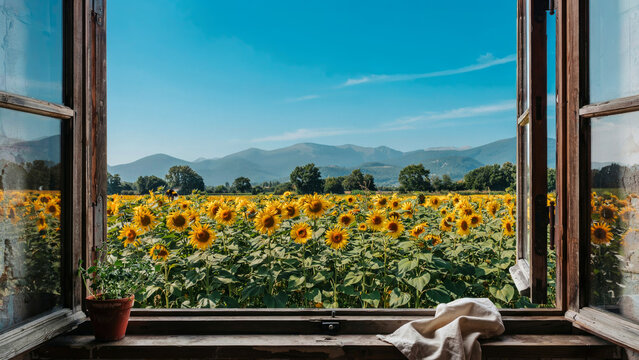 Open window view of a vibrant sunflower field under a clear blue summer sky
