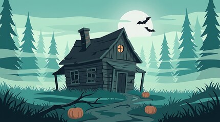 Obraz premium Spooky haunted log cabin in a misty forest at night with glowing pumpkins and flying bats for halloween