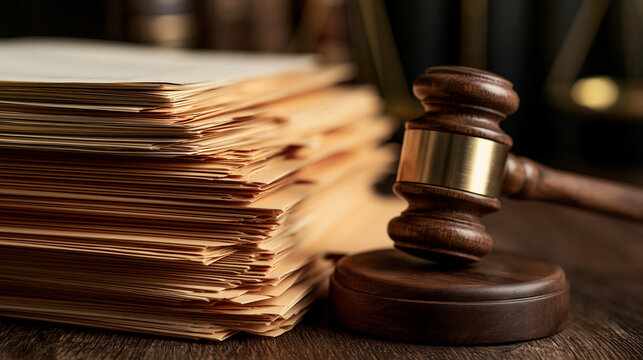 A wooden judge gavel resting on a desk next to a large stack of legal documents. Concept for law and justice.