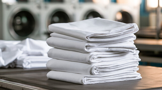 A stack of freshly laundered white bed sheets in a commercial laundry facility. Ideal for hospitality and linen.