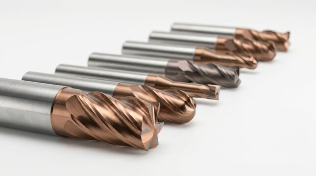 Various sizes of tungsten carbide milling cutters and industrial drilling tools.