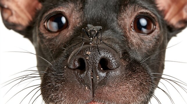 Mosquito perched on dog nose close up on white background