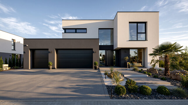 Modern luxury residential home with garage and garden. Ideal for real estate and architectural design marketing.