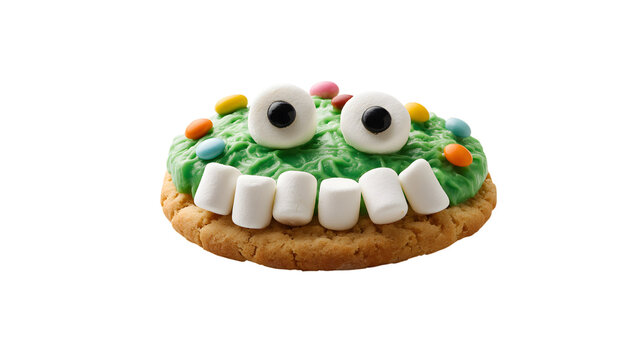 Funny monster cookie with green icing and candy eyes
