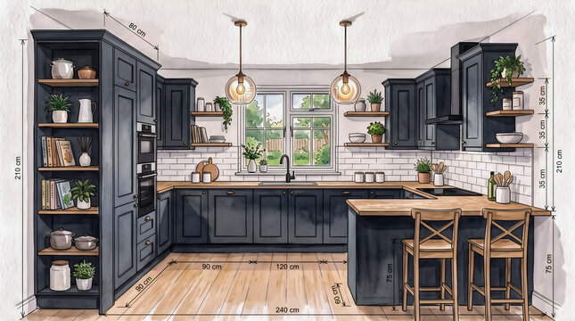 Watercolor kitchen interior design with cabinets, island, measurements and architectural planning details