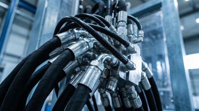 Multiple black hydraulic hoses and pneumatic pipes attached to industrial equipment.