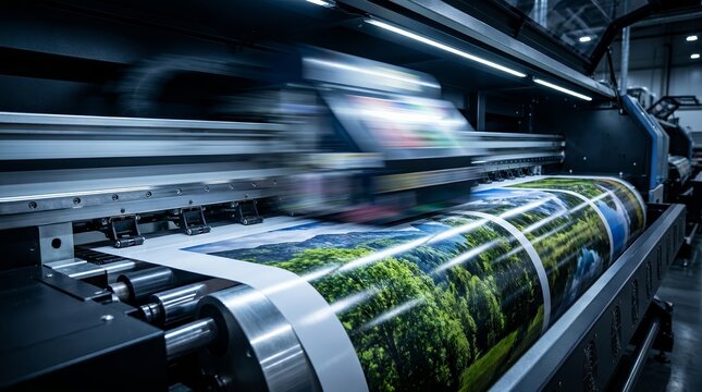 Motion blur of a print head during industrial multi-color inkjet printing process.