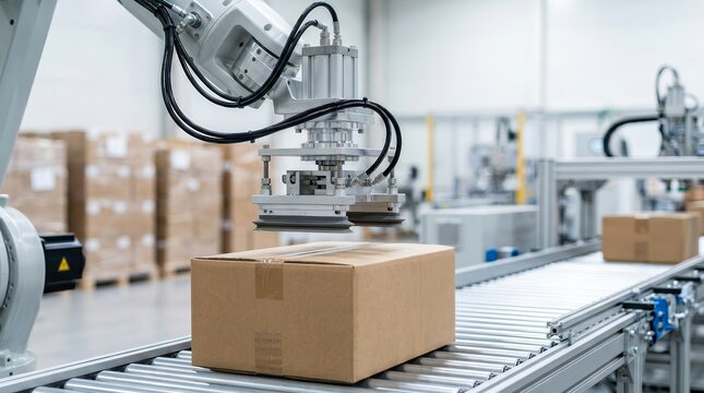 Robotic machinery performing packaging and logistics tasks in a modern warehouse.