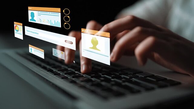 Digital Workspace with Hands Typing on a Keyboard Surrounded by Floating User Interface Elements and Icons Representing Data and Connectivity. Entropy.