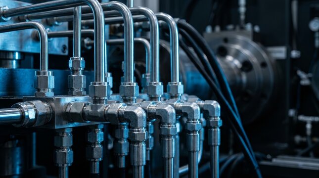 A group of steel hydraulic tubes and fittings part of an industrial high-pressure machine.