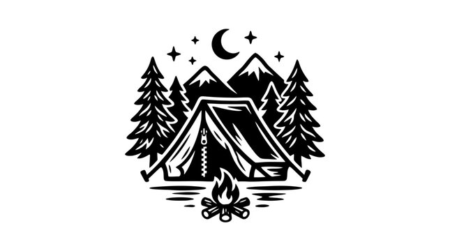 Mountain camping scene with tent and campfire emblem.