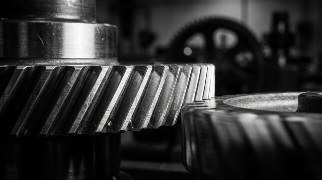 Detailed view of metallic cogs and silver gear mechanism in industrial setting.