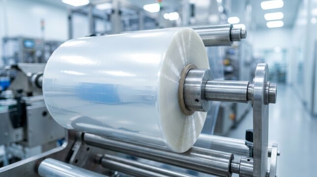 Automatic food packaging machine featuring a large roll of polyethylene plastic film.