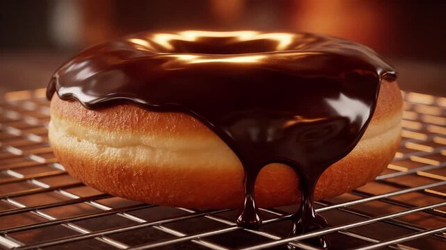 Fresh glazed chocolate donut with dripping icing on metal cooling rack glaze dessert sweet food snack