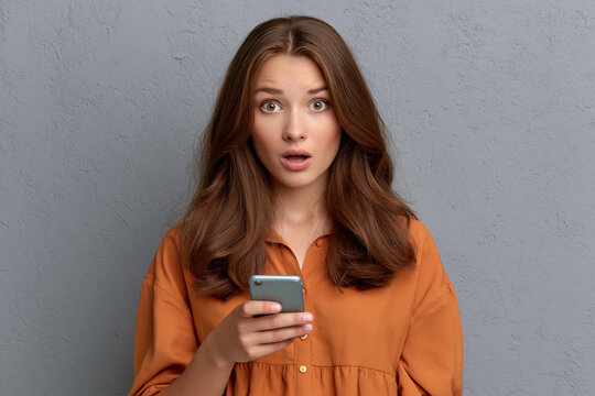 Woman shows surprise while looking at her phone
