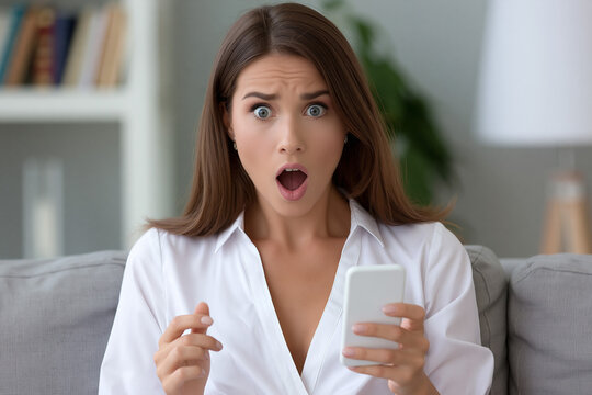 Woman shows surprise while looking at her phone