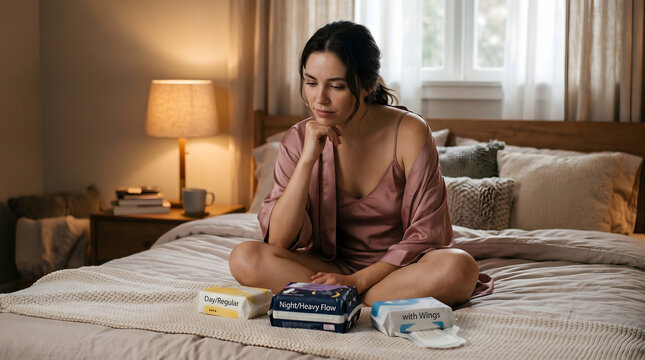 Thoughtful young woman on her bed comparing various feminine hygiene product options making an important choice for comfort and wellness during her daily period cycle at home in her bedroom