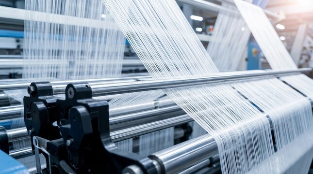 Close up of high speed weaving machine processing synthetic fabric fibers.