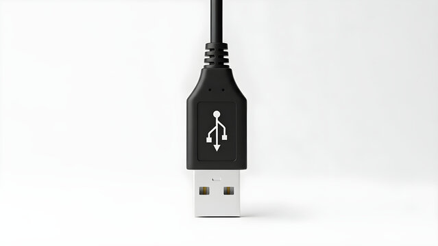 Black USB cable connector plug head isolated on white background for modern computer hardware technology and digital data transfer device accessories
