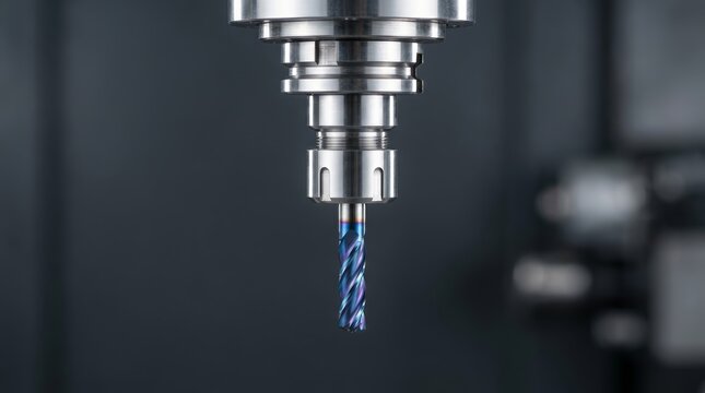 Precision industrial CNC machine featuring a silver and black drill bit.