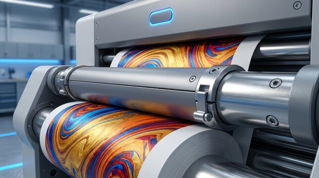 Close up of a high tech machine printing a vibrant colorful design on a paper roll.