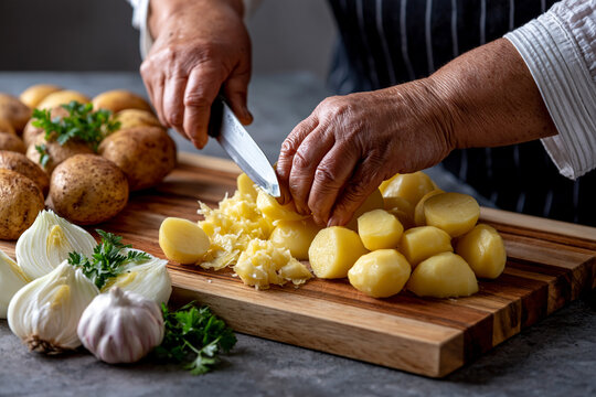 Preparing potatoes and vegetables in a kitchen