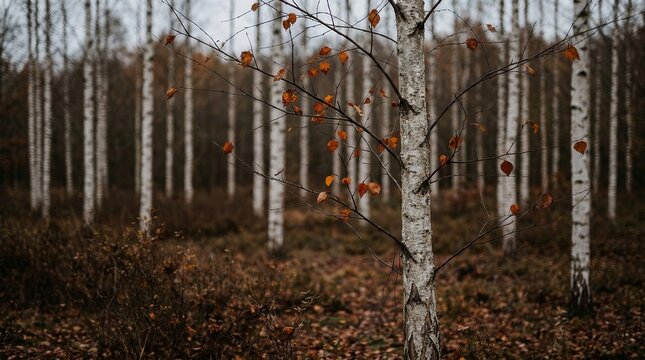 Autumn forest landscape with sparse leaves on the ground and a sad mood.