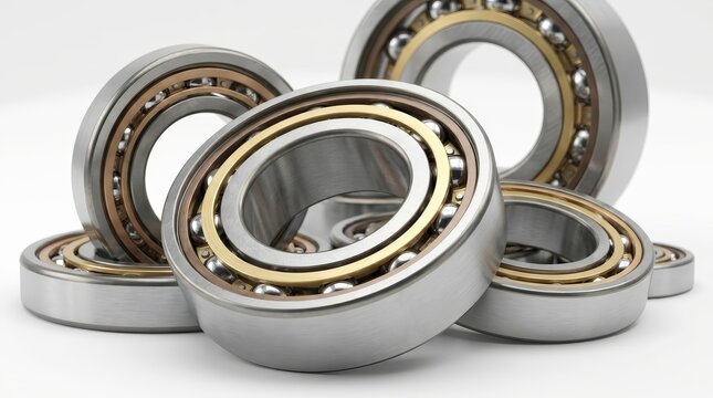 Various metal ball bearings with gold and silver components in a professional arrangement.