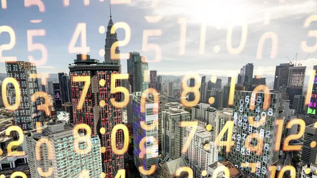 kuala lumpur cyberpunk city with overlayed code and data on the buildings