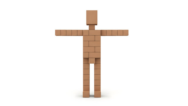 3D Rendered Geometric Block Humanoid Figure Standing in a T-Pose Position for Character Design and Animation Modeling