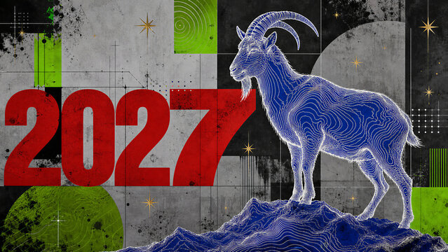 Goat standing on mountain peak with 2027 text. Chinese zodiac sign artistic poster for New Year celebration. Geometric abstract digital illustration of animal symbol for holiday design.