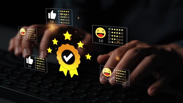 Hands Typing on Keyboard with Graphics Displaying Ratings, Reviews, and Feedback for Online Business Reputation Management. Entropy.