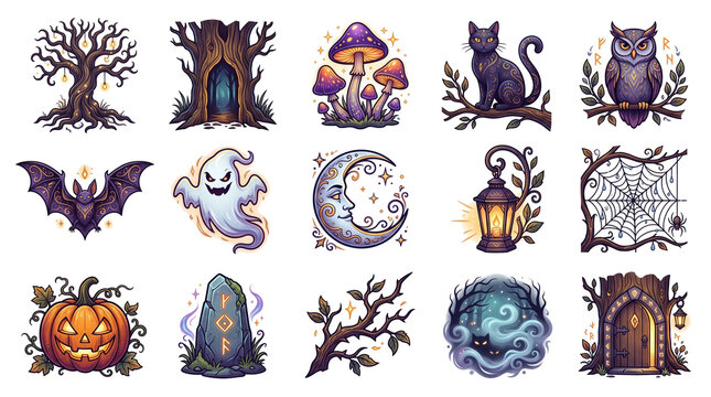whimsical halloween illustrations with mystical and magical elements on black background