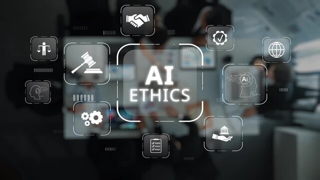 Visual representation of AI ethics featuring various icons depicting key concepts like responsibility and governance. Ideal for articles or presentations on technology impact. Raster