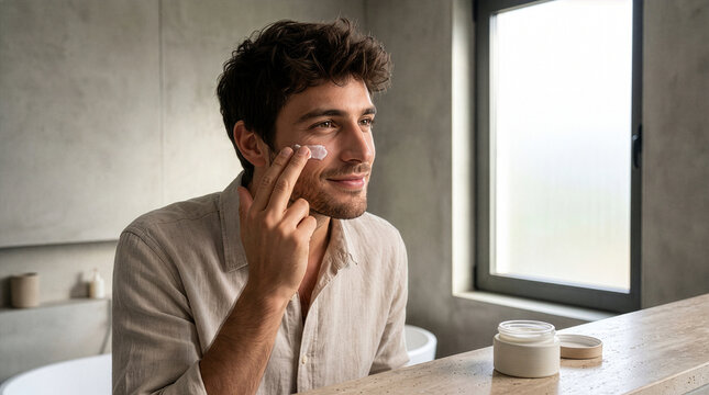 Young Italian Man Applying Face Moisturizer in Minimalist Luxury Bathroom