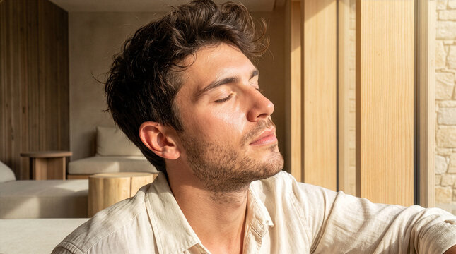 Relaxed Young Italian Man with Eyes Closed in Sunlight for Spa Wellness
