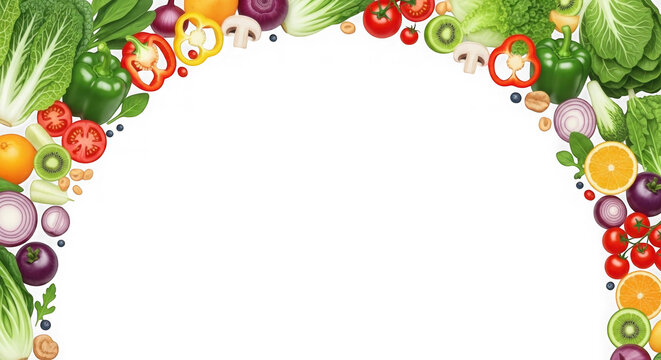 Vibrant fruit wreath for festive decoration. Colorful tropical garland with fresh produce and leaves for seasonal design.