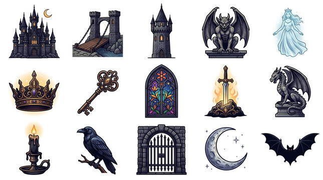 whimsical gothic fantasy medieval castle and mystical creatures icons