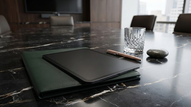 Modern executive boardroom table, digital tablet on marble desk, office workspace