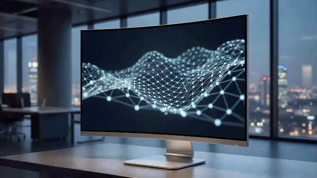 Digital data visualization on curved computer monitor in office screen graph business technology finance