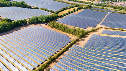 Aerial view of a large scale solar farm generating renewable energy in the UK © Richard O'Donoghue