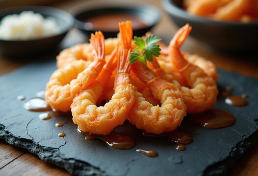 Golden Crispy Shrimp Tempura Artfully Plated on Dark Slate Serving Board