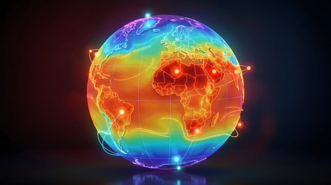 Glowing digital earth globe showing global climate change heat patterns with vibrant neon lines against a dark moody background sphere