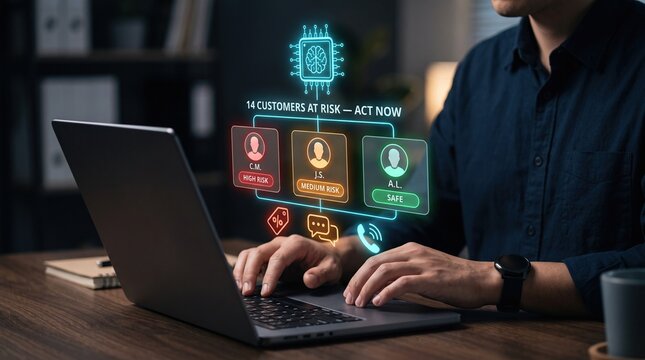 AI customer churn prediction dashboard with retention risk profiles, high risk alerts, personalized interventions and customer retention strategy