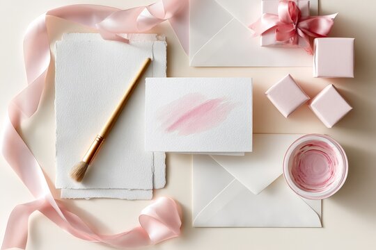 Watercolor greeting card mockup with paint brush and pink ribbon for craft workshop background and invitation design